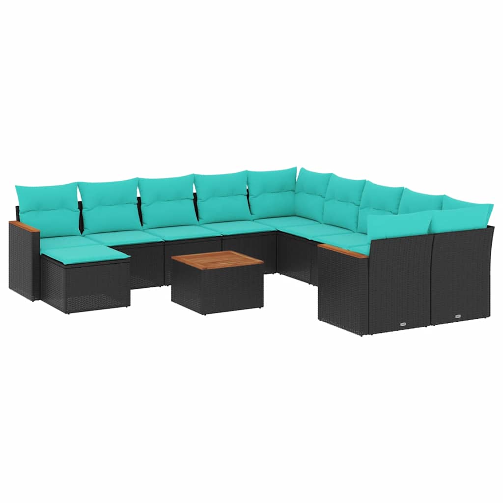 vidaXL 11-delige tuinbankset met kussens, zwart polyrotan