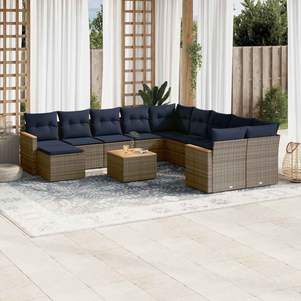 vidaXL 11-delige tuinbankset met kussens, zwart polyrotan