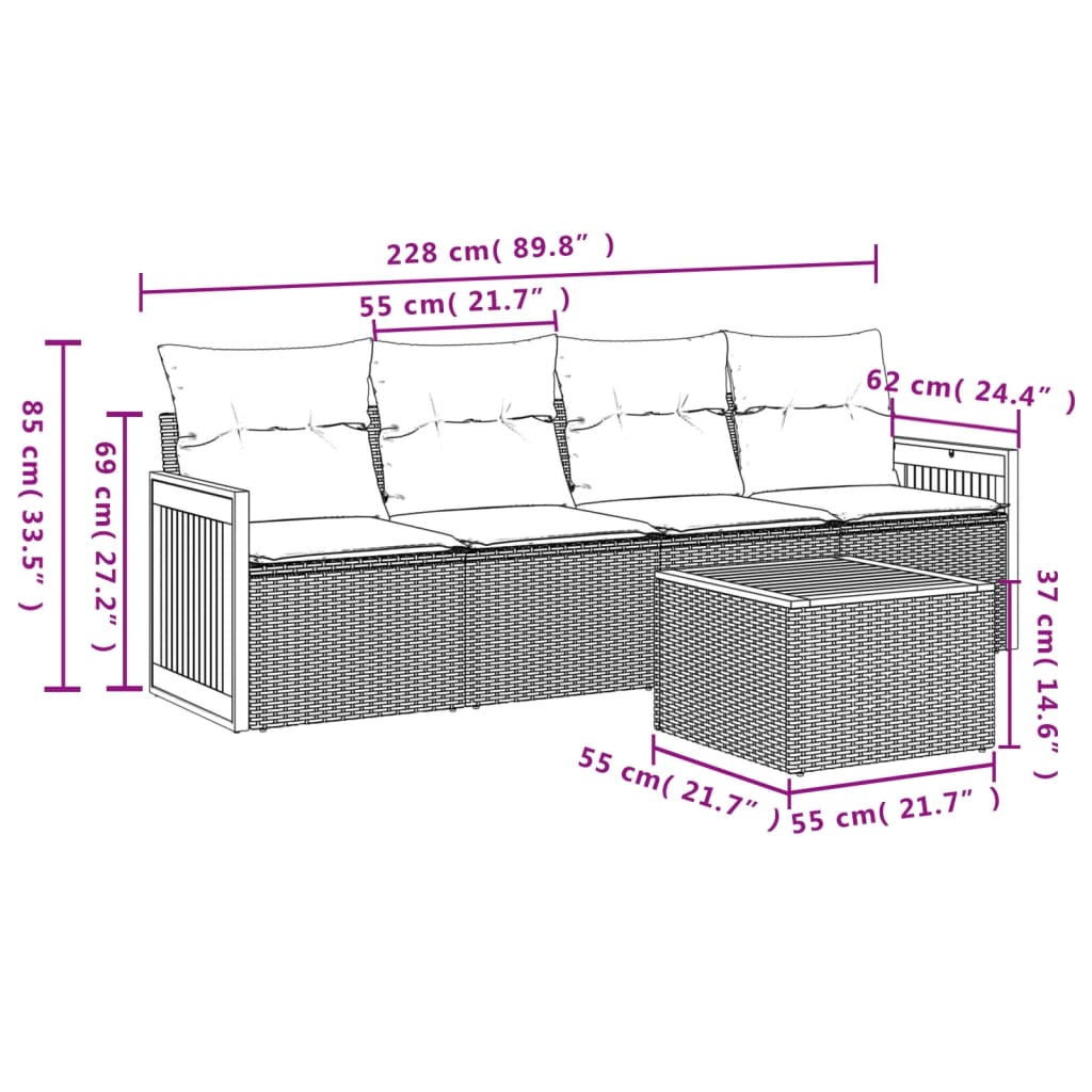 vidaXL 4-delige tuinbankset met kussens, zwart polyrotan