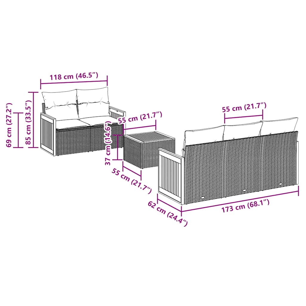 vidaXL 6-delige tuinbankset met kussens van zwart polyrotan