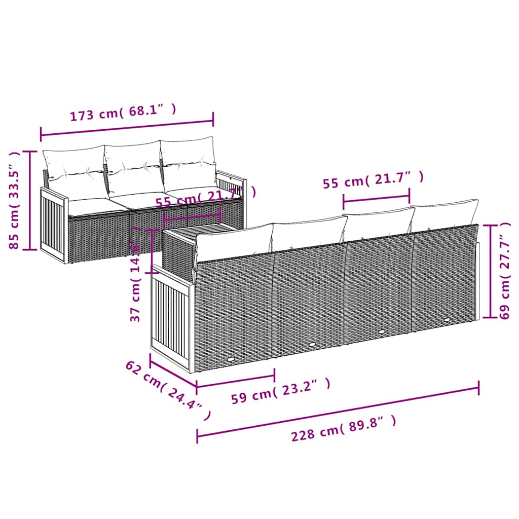vidaXL 8-delige tuinbankset met kussens, zwart polyrotan