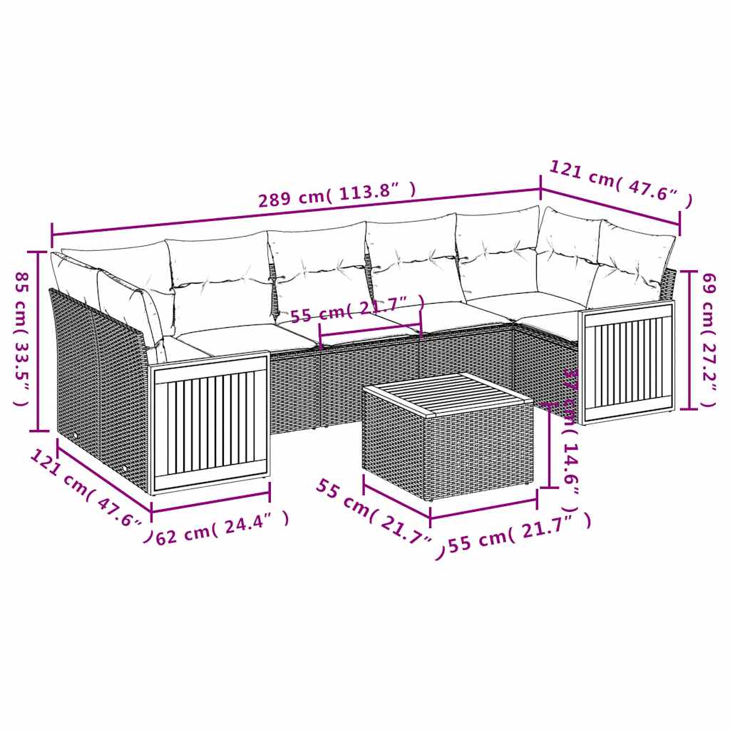 vidaXL 8-delige tuinbankset met kussens, zwart polyrotan