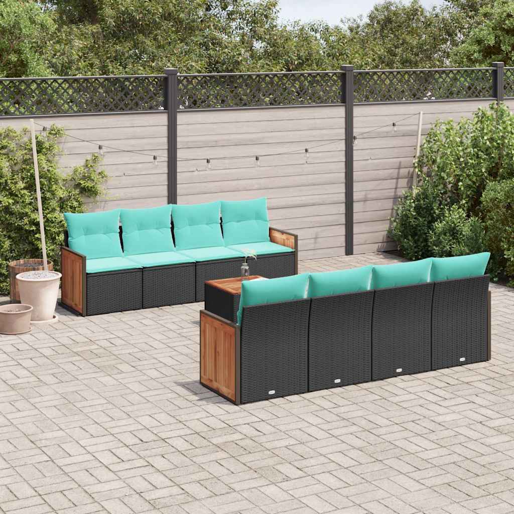 vidaXL 9-delige tuinbankset met kussens van zwart polyrotan