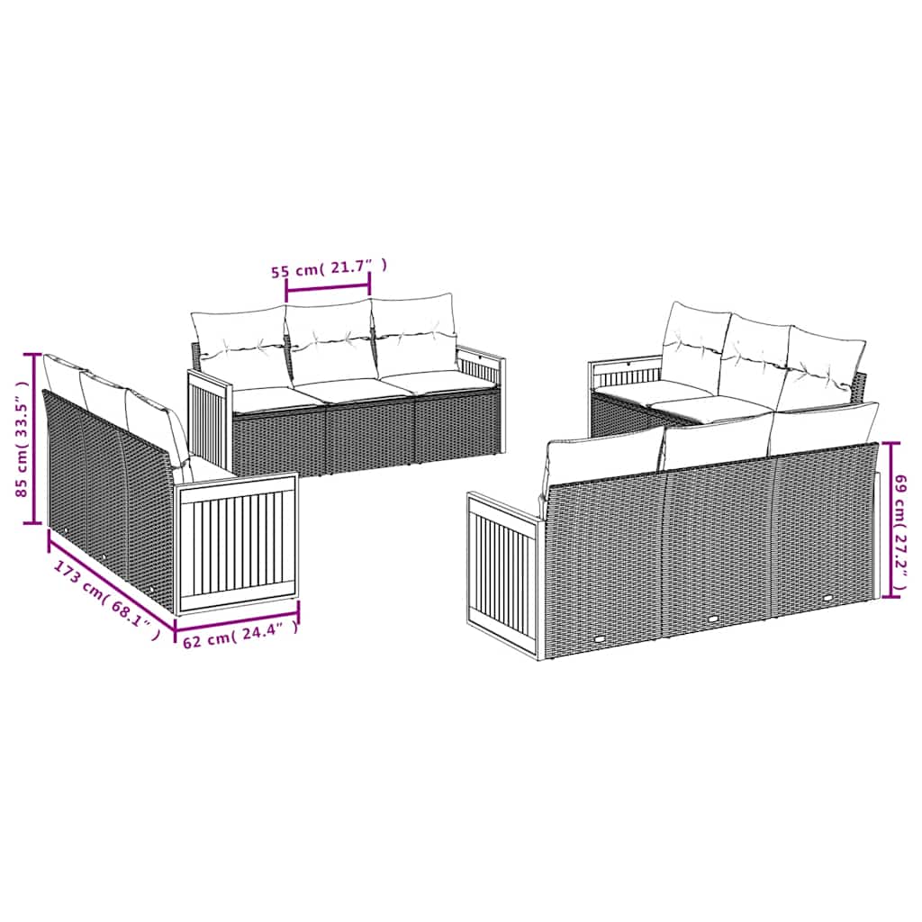 vidaXL 12-delige tuinbankset met kussens van zwart polyrotan
