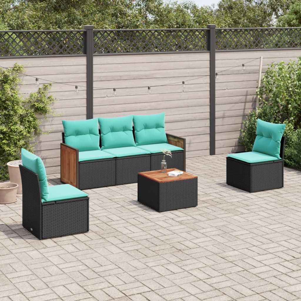 vidaXL 5-delige tuinbankset met kussens van zwart polyrotan