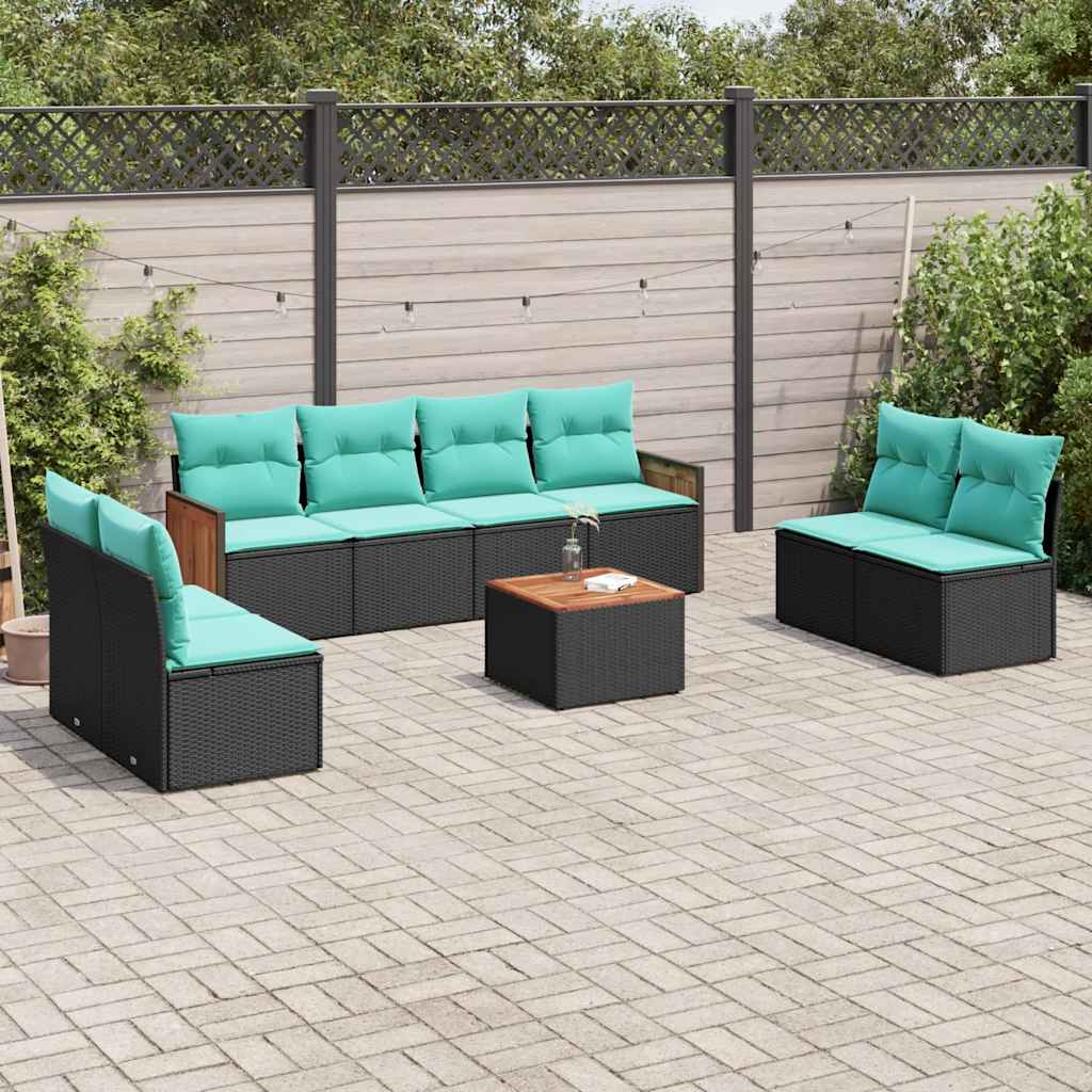 vidaXL 8-delige tuinbankset met kussens, zwart polyrotan