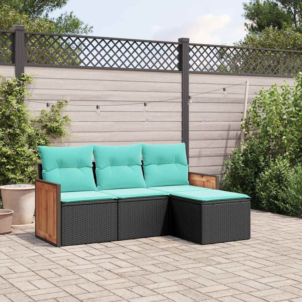 vidaXL 4-delige tuinbankset met kussens, zwart polyrotan