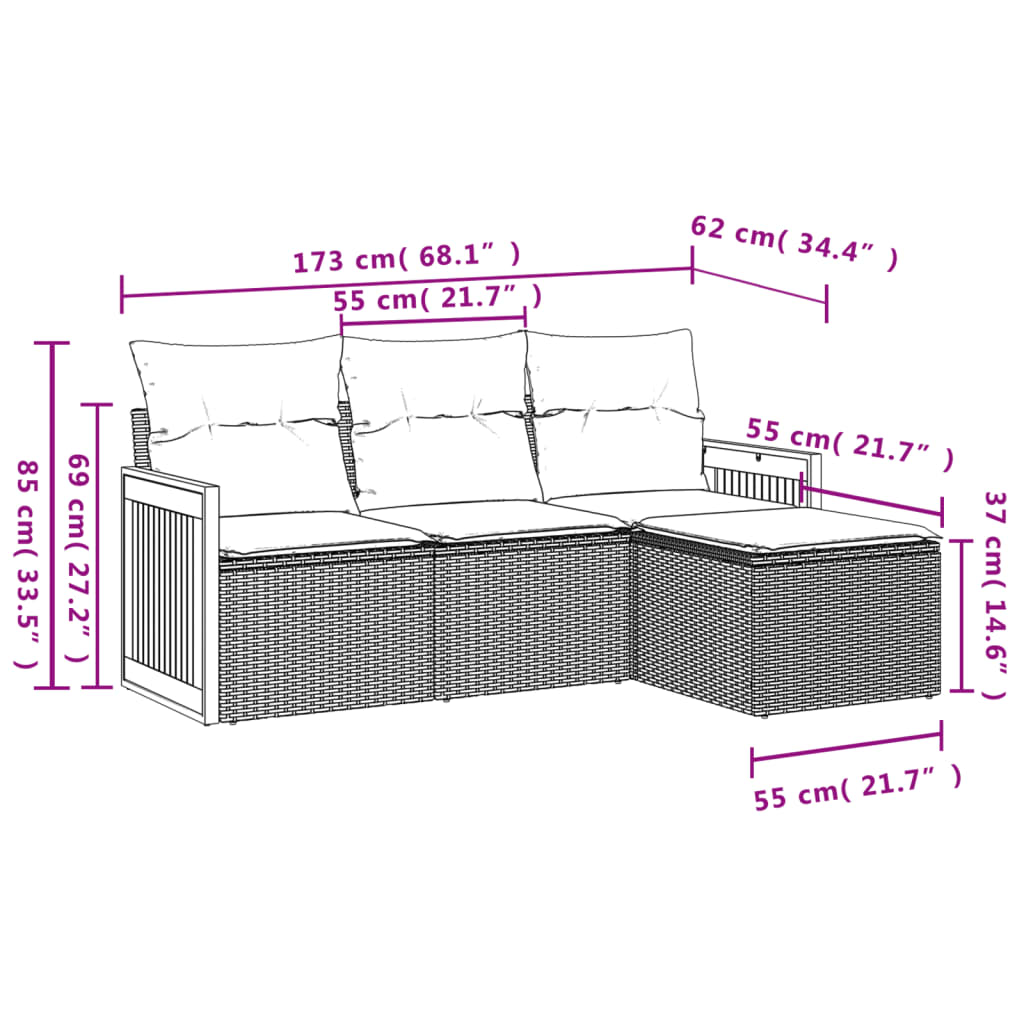 vidaXL 4-delige tuinbankset met kussens, zwart polyrotan