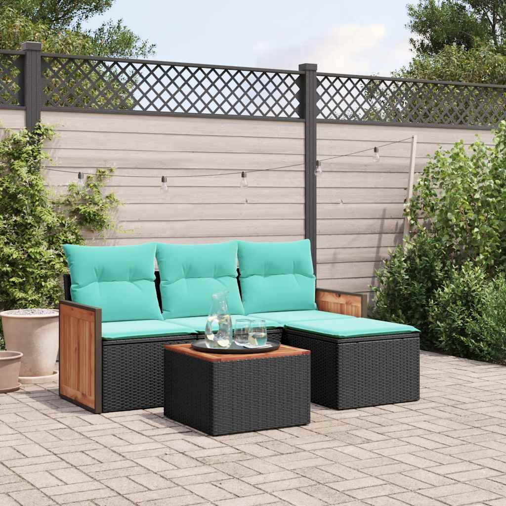 vidaXL 4-delige tuinbankset met kussens, zwart polyrotan