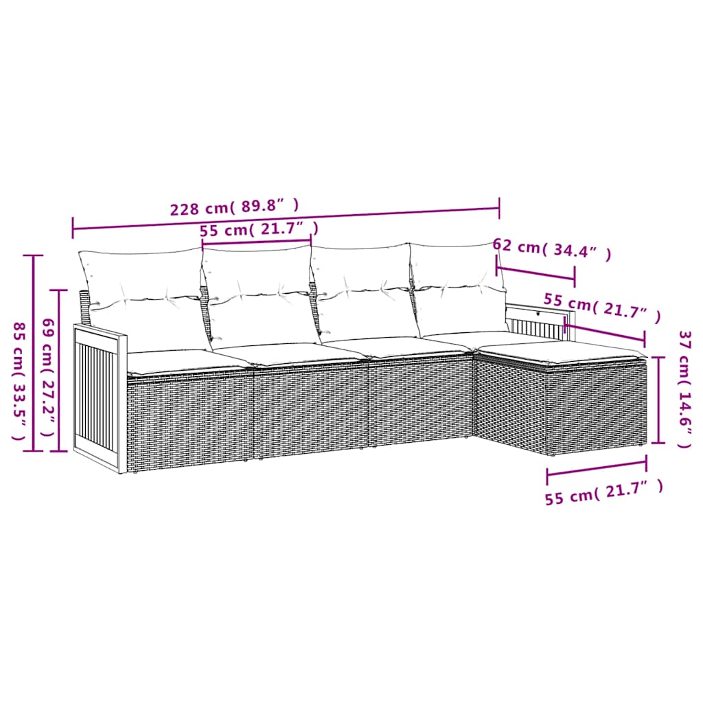 vidaXL 5-delige tuinbankset met kussens van zwart polyrotan