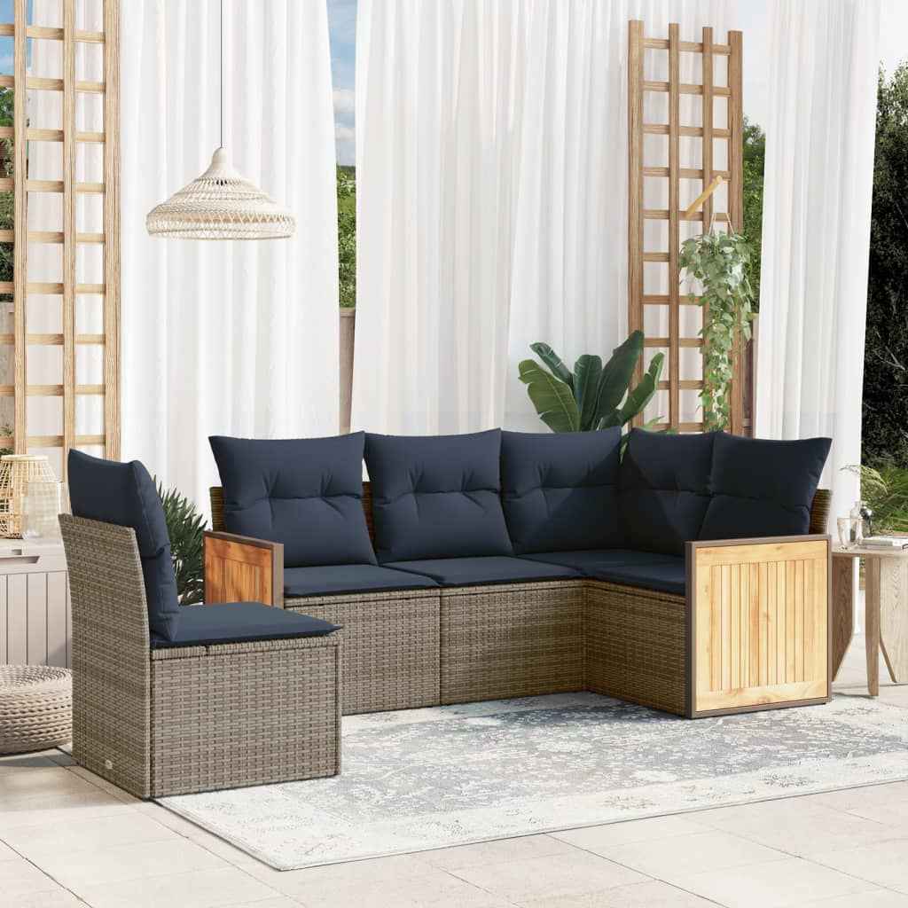 vidaXL 5-delige tuinbankset met kussens van zwart polyrotan