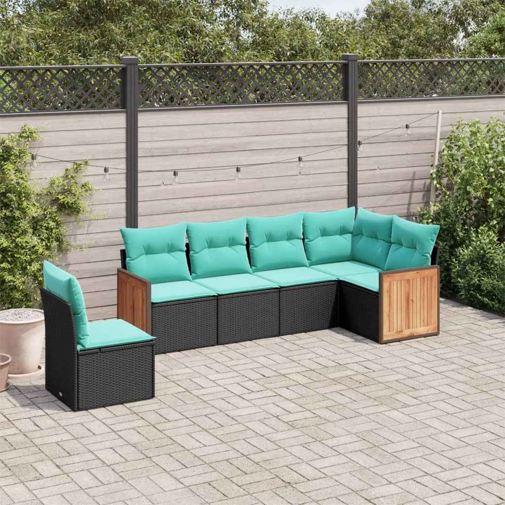 vidaXL 6-delige tuinbankset met kussens van zwart polyrotan