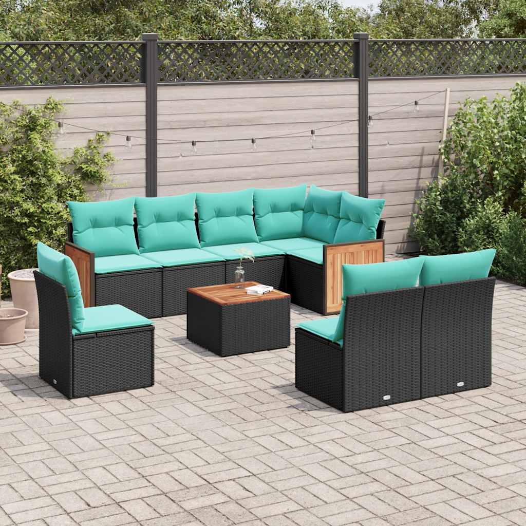 vidaXL 8-delige tuinbankset met kussens, zwart polyrotan