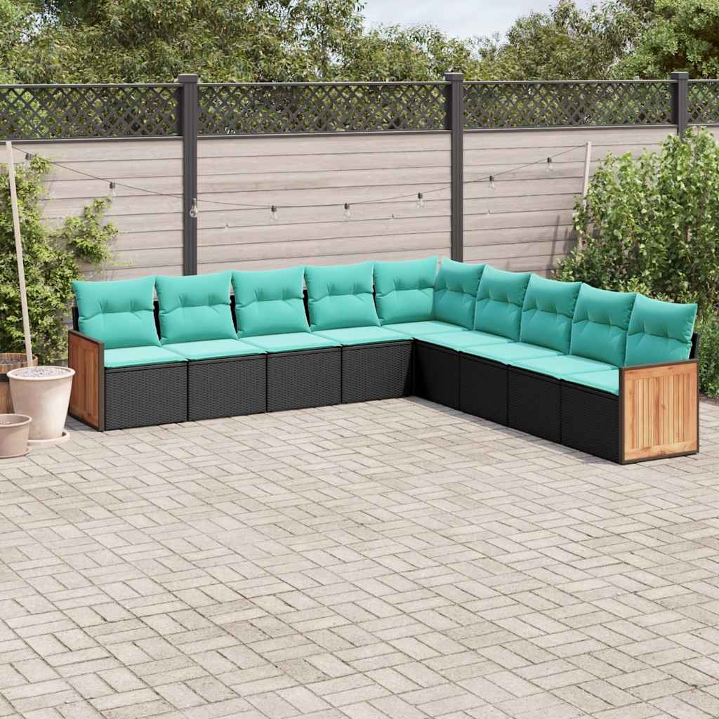 vidaXL 9-delige tuinbankset met kussens van zwart polyrotan