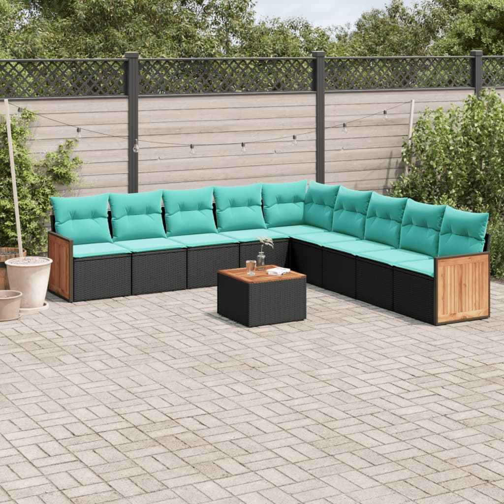 vidaXL 9-delige tuinbankset met kussens van zwart polyrotan