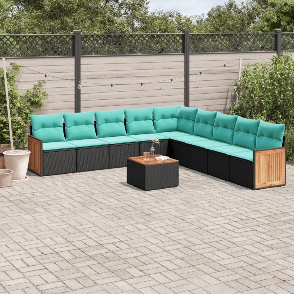 vidaXL 9-delige tuinbankset met kussens van zwart polyrotan