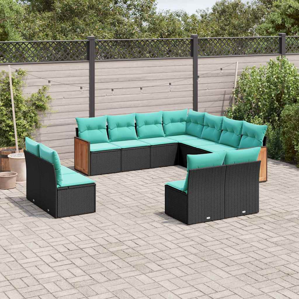 vidaXL 11-delige tuinbankset met kussens, zwart polyrotan