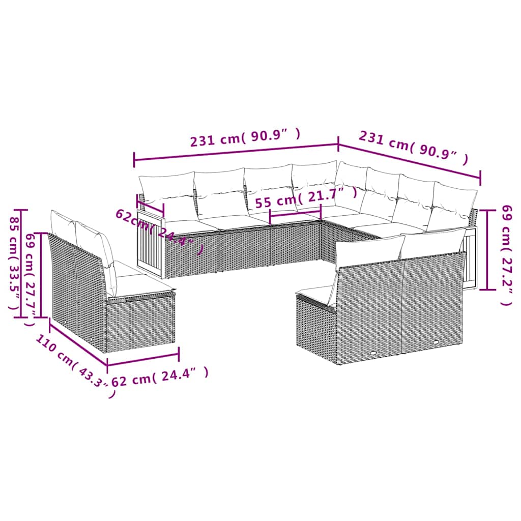 vidaXL 11-delige tuinbankset met kussens, zwart polyrotan