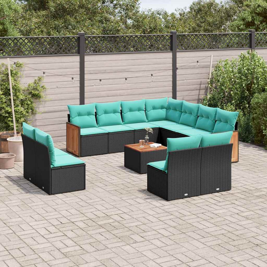 vidaXL 11-delige tuinbankset met kussens, zwart polyrotan