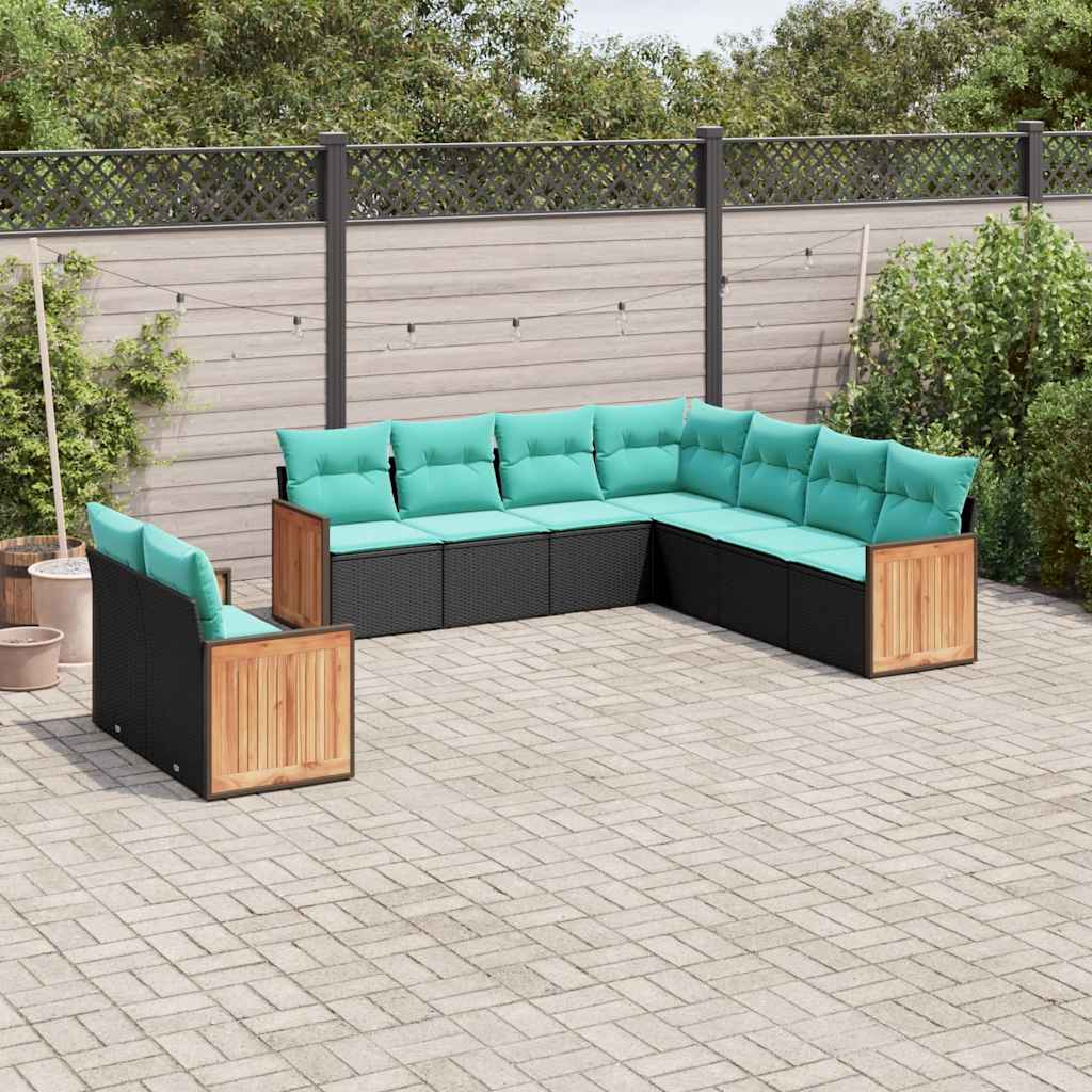 vidaXL 9-delige tuinbankset met kussens van zwart polyrotan