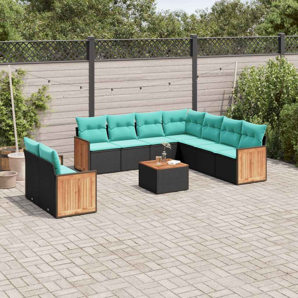 vidaXL 9-delige tuinbankset met kussens van zwart polyrotan