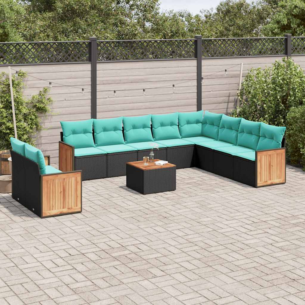 vidaXL 10-delige tuinbankset met kussens van zwart polyrotan