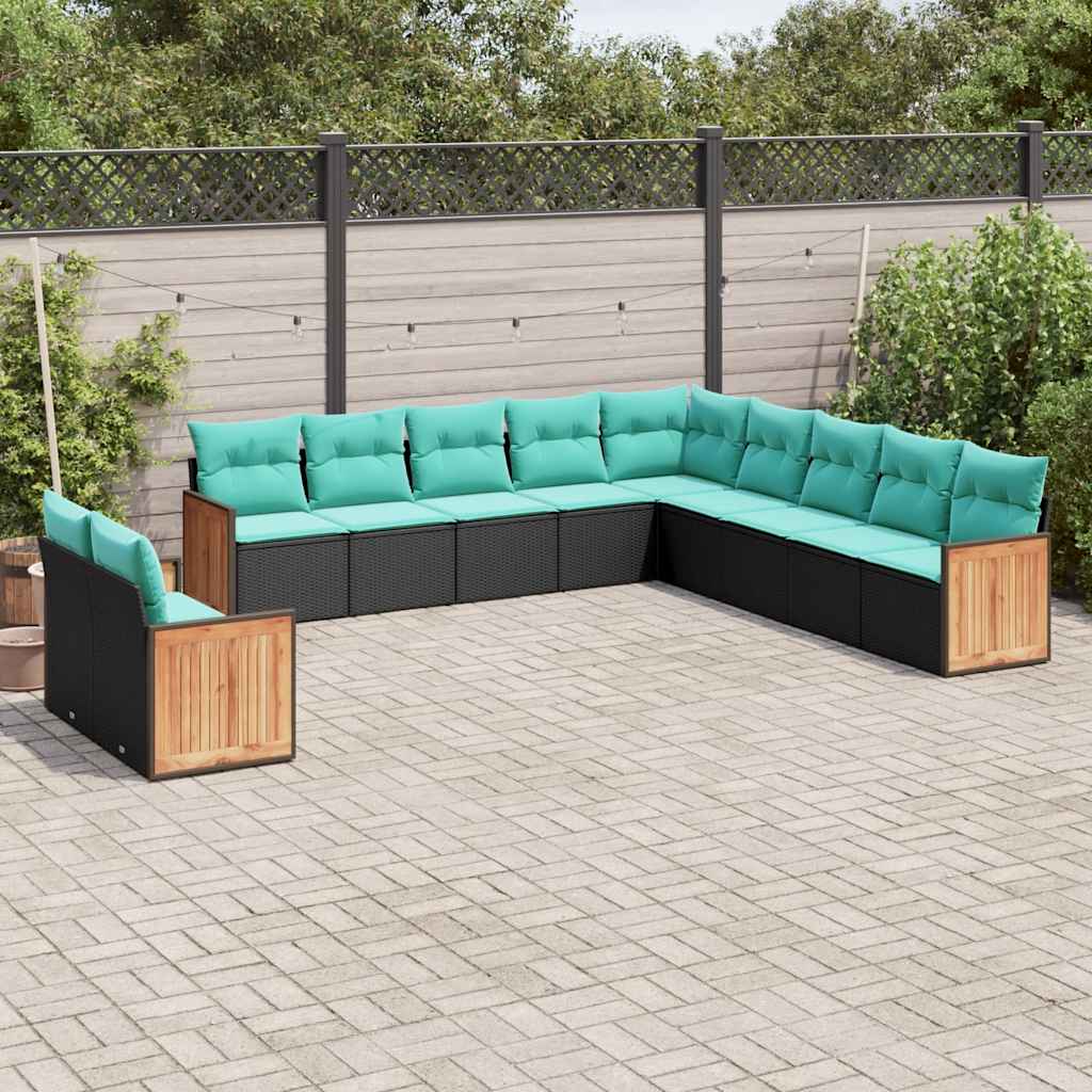 vidaXL 11-delige tuinbankset met kussens, zwart polyrotan