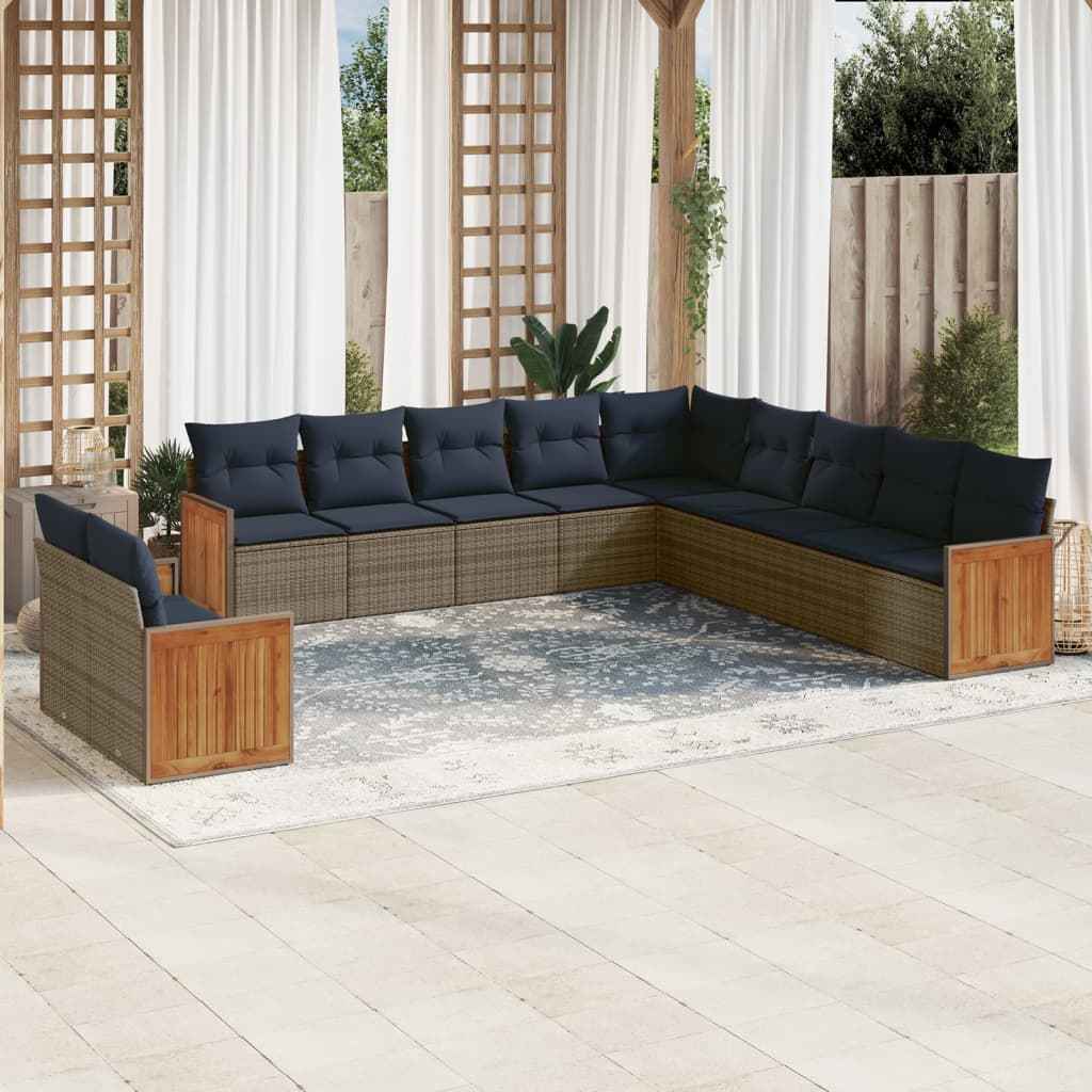 vidaXL 11-delige tuinbankset met kussens, zwart polyrotan