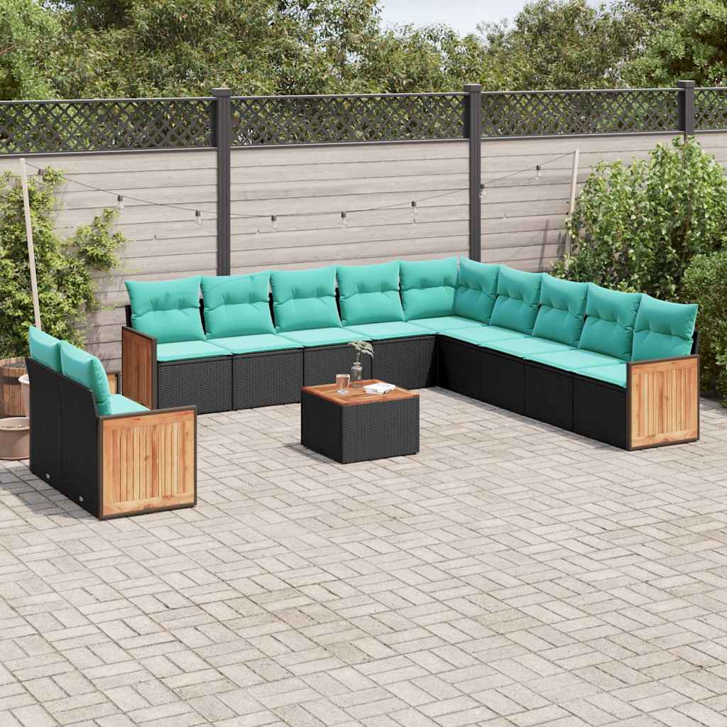 vidaXL 11-delige tuinbankset met kussens, zwart polyrotan