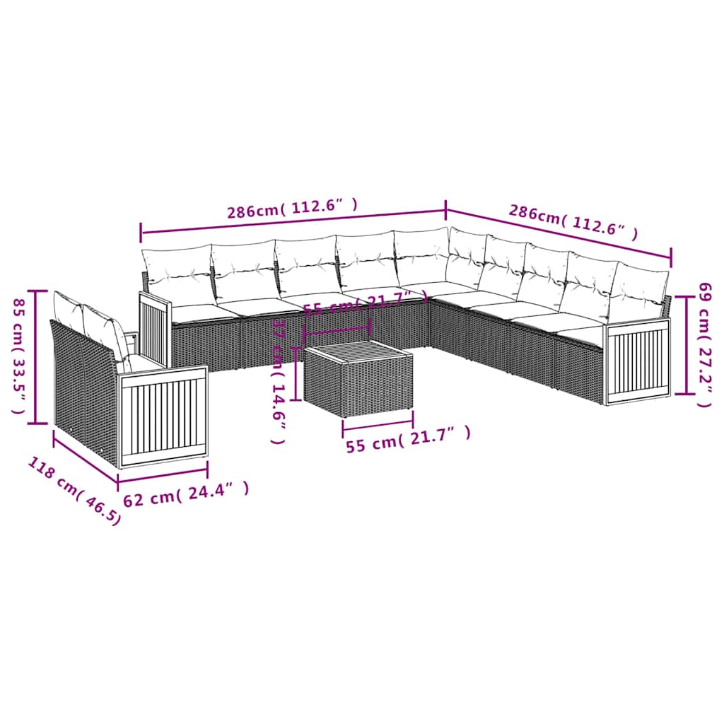 vidaXL 11-delige tuinbankset met kussens, zwart polyrotan