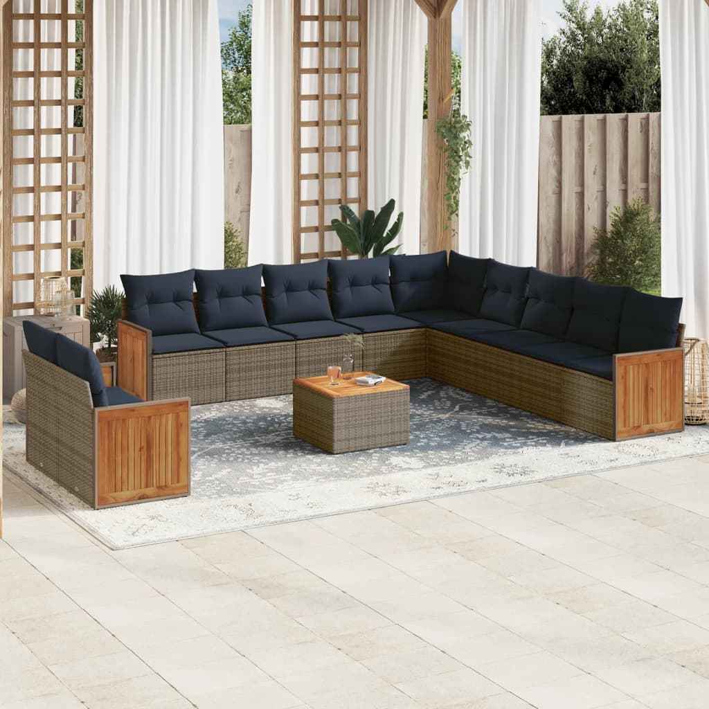 vidaXL 11-delige tuinbankset met kussens, zwart polyrotan