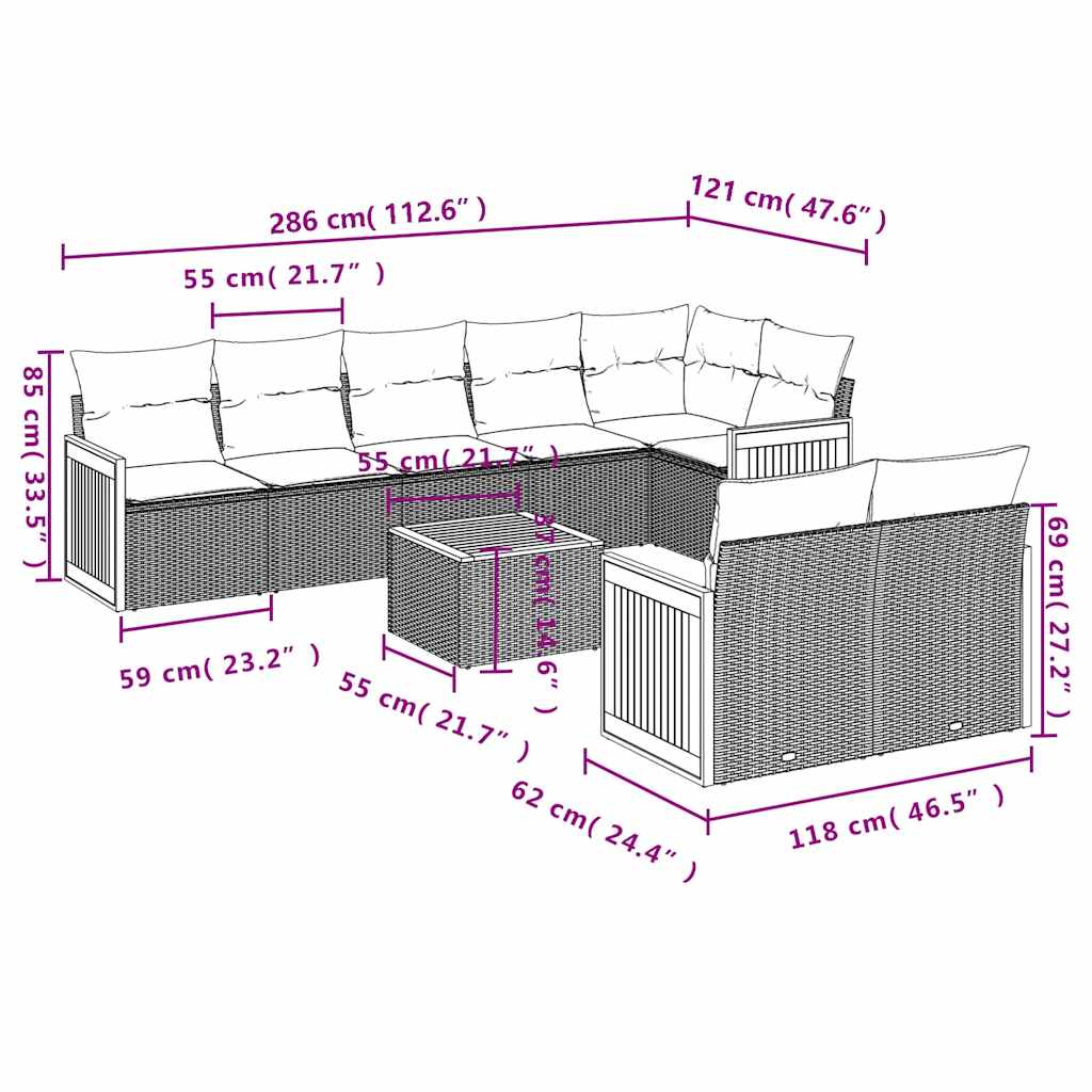 vidaXL 8-delige tuinbankset met kussens, zwart polyrotan