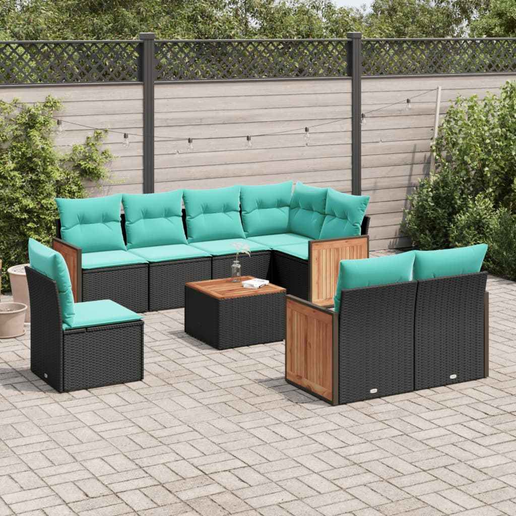 vidaXL 8-delige tuinbankset met kussens, zwart polyrotan