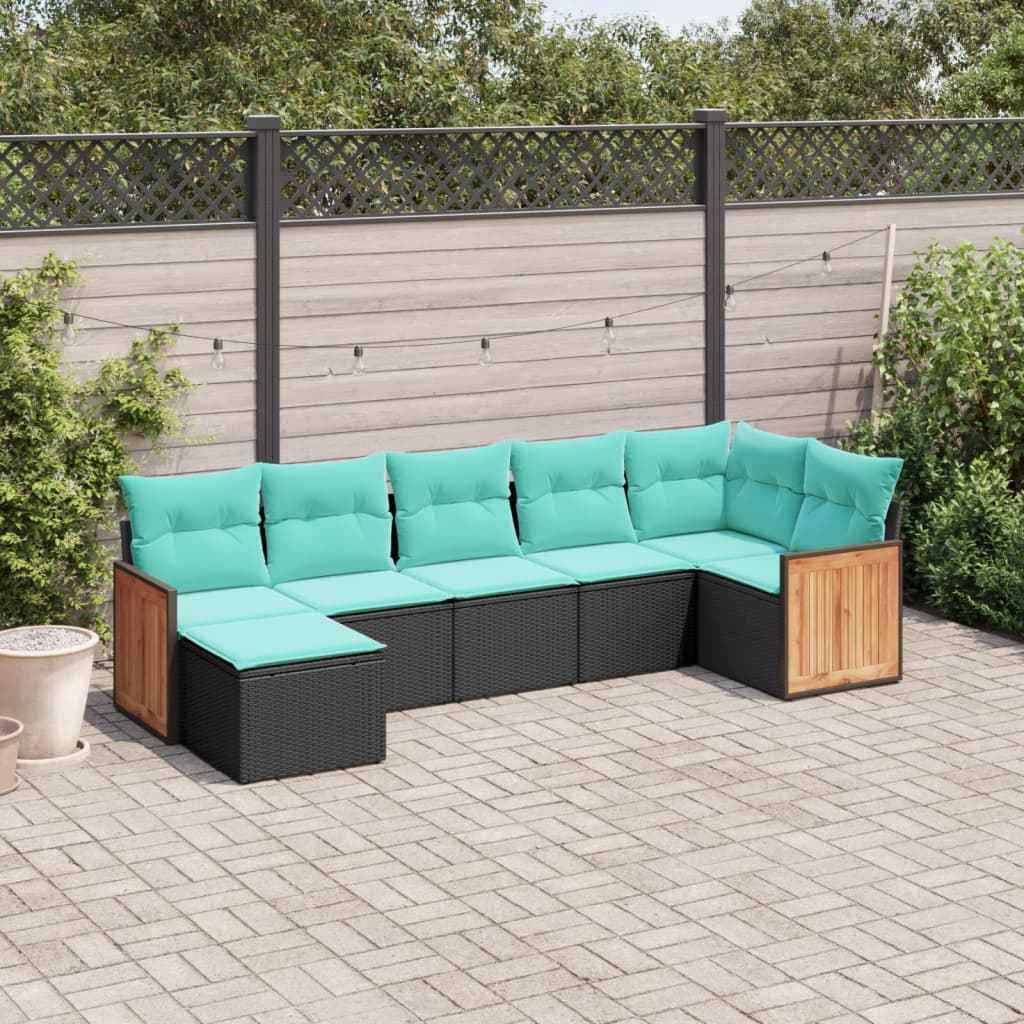 vidaXL 7-delige tuinbankset met kussens van zwart polyrotan