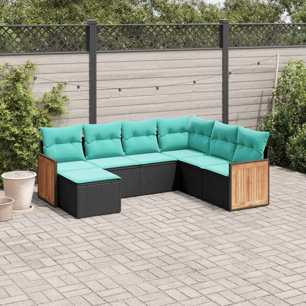 vidaXL 7-delige tuinbankset met kussens van zwart polyrotan