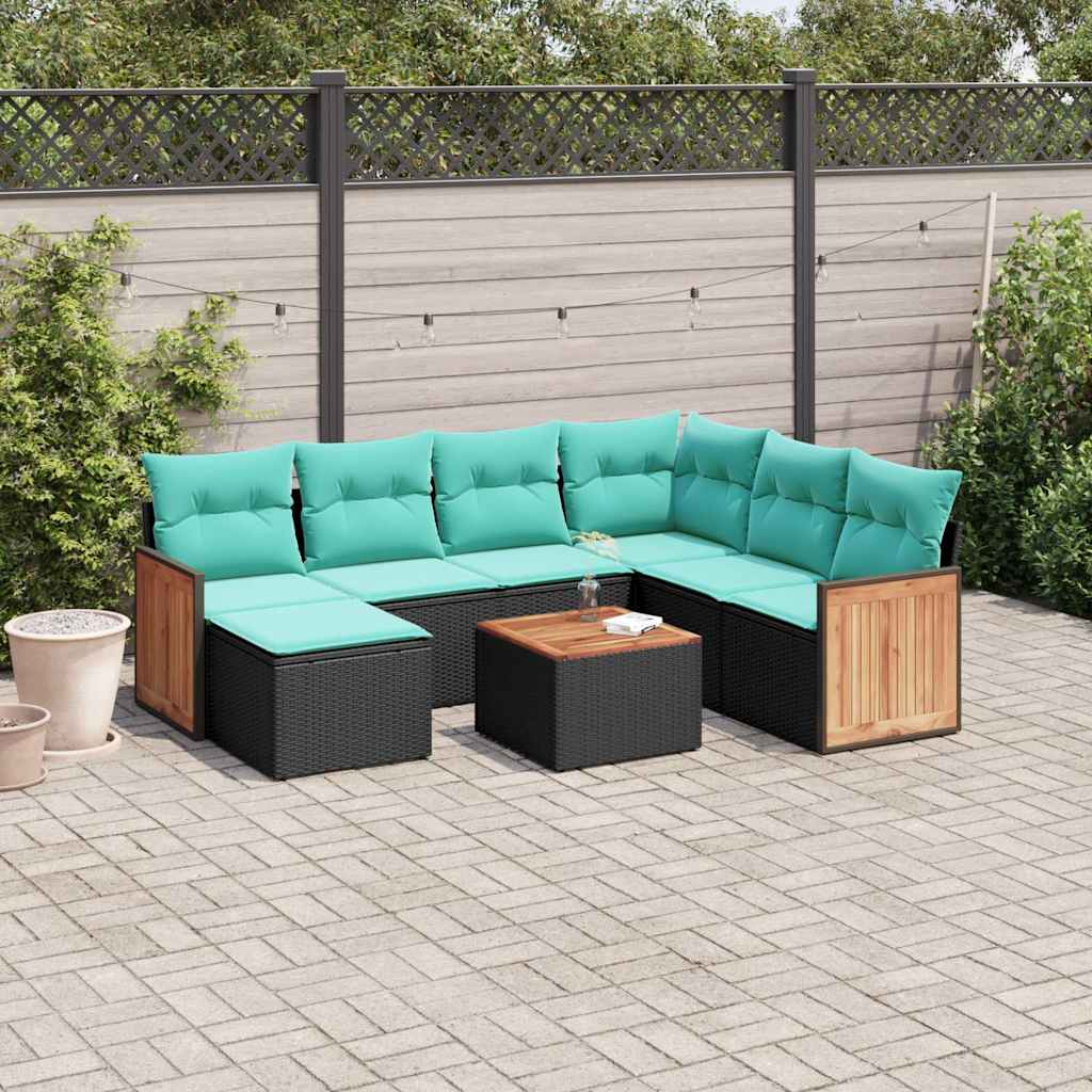 vidaXL 7-delige tuinbankset met kussens van zwart polyrotan
