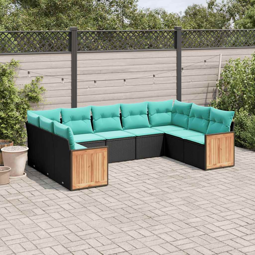 vidaXL 9-delige tuinbankset met kussens van zwart polyrotan
