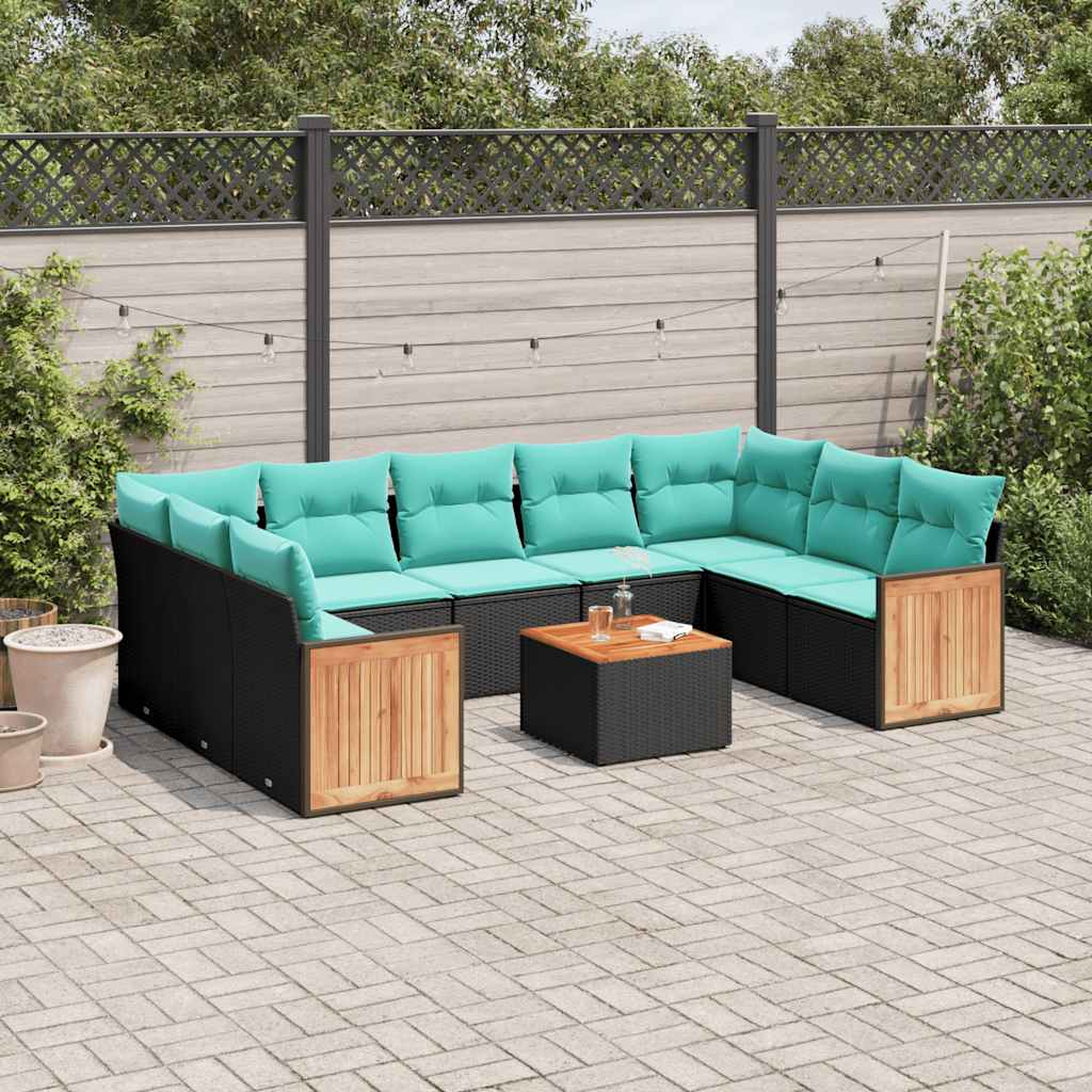 vidaXL 9-delige tuinbankset met kussens van zwart polyrotan