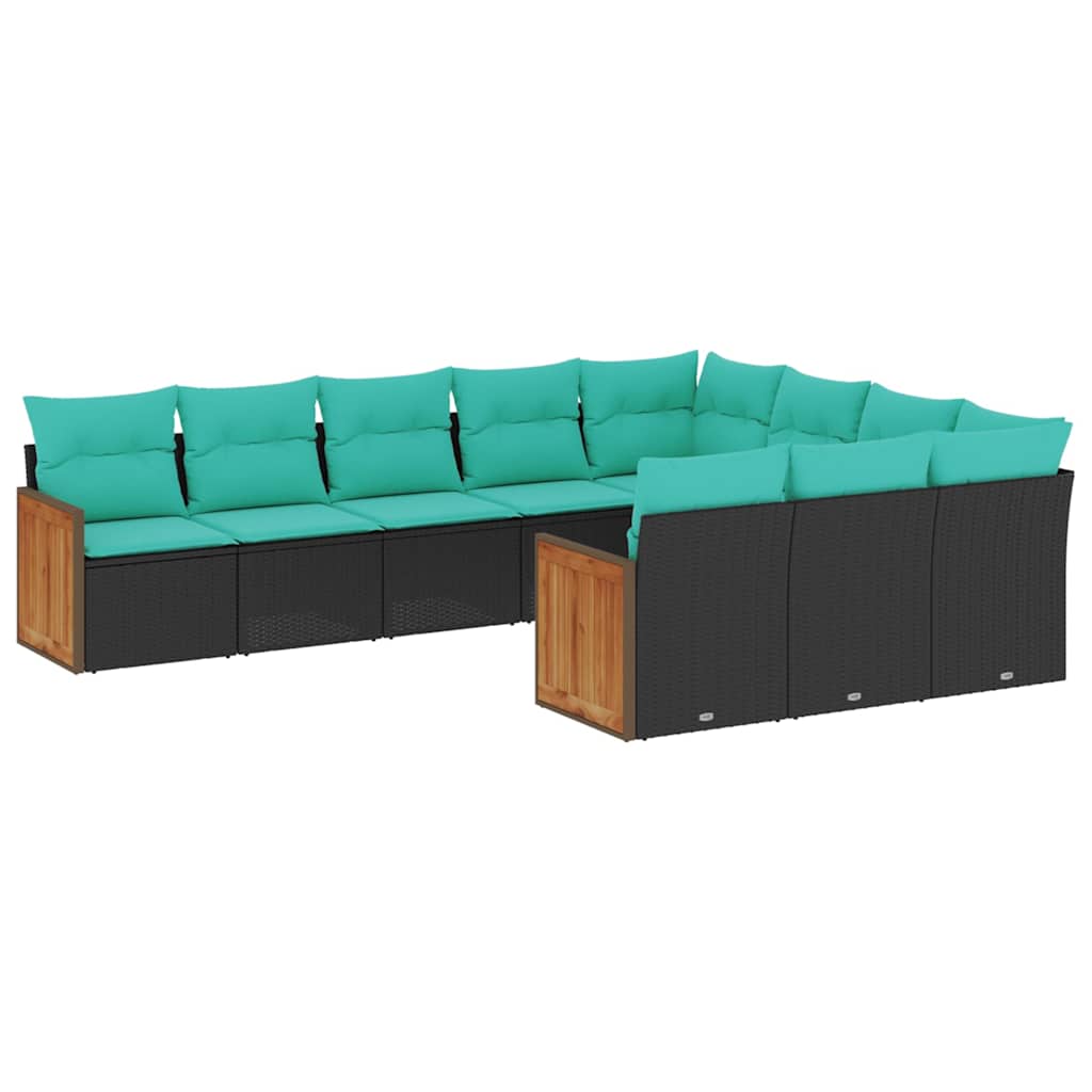 vidaXL 10-delige tuinbankset met kussens van zwart polyrotan