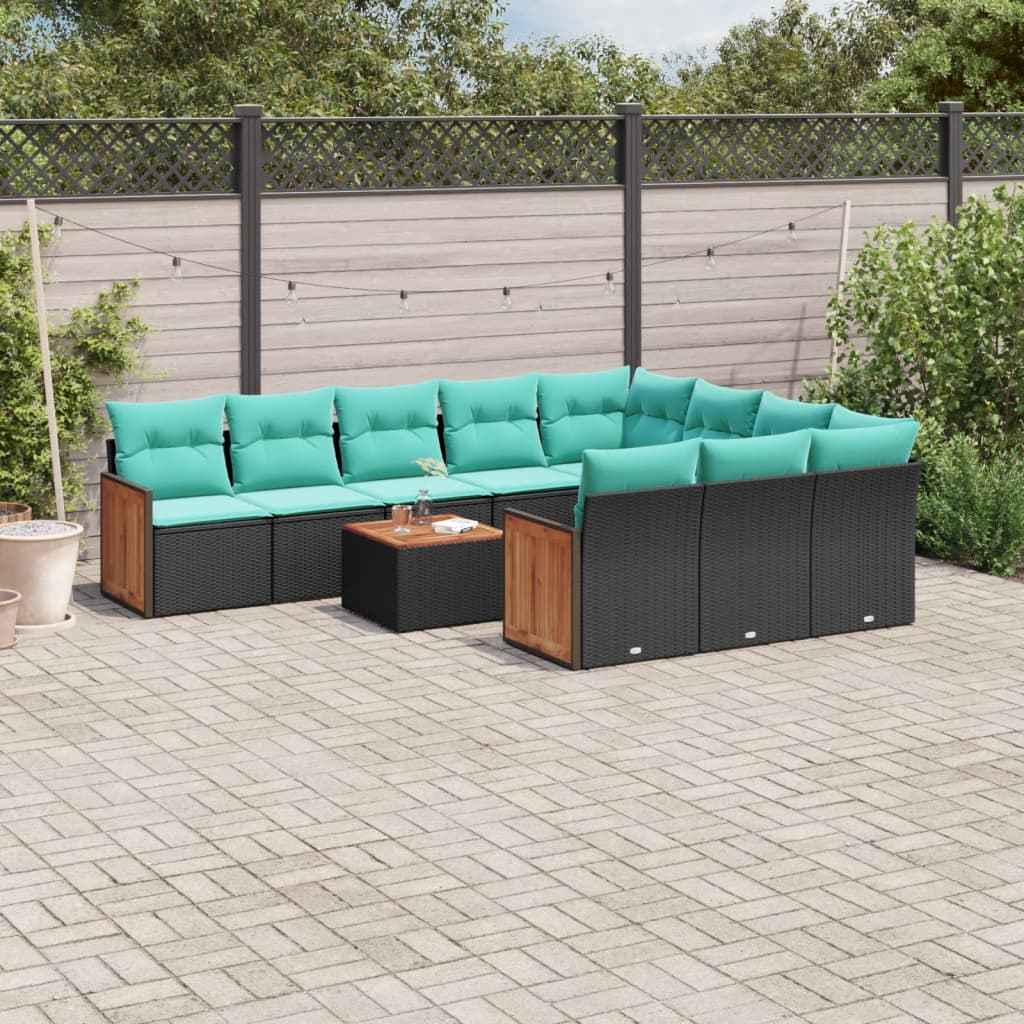 vidaXL 10-delige tuinbankset met kussens van zwart polyrotan