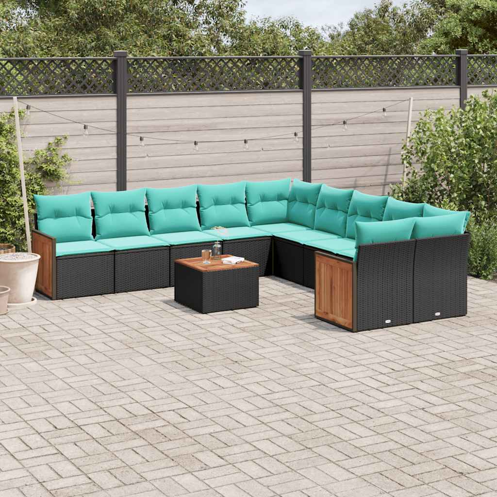 vidaXL 10-delige tuinbankset met kussens van zwart polyrotan