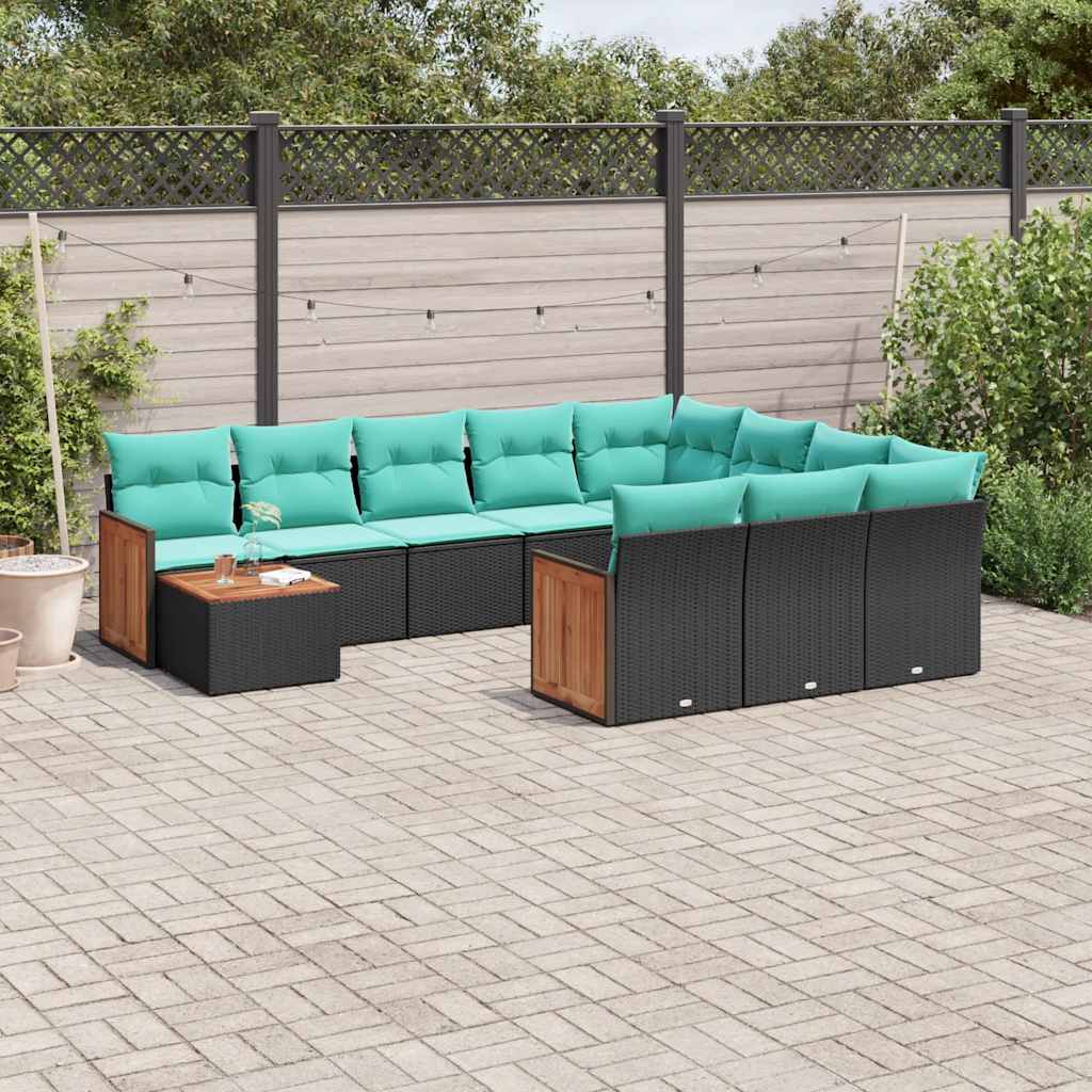 vidaXL 11-delige tuinbankset met kussens, zwart polyrotan
