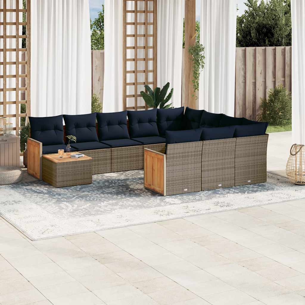 vidaXL 11-delige tuinbankset met kussens, zwart polyrotan