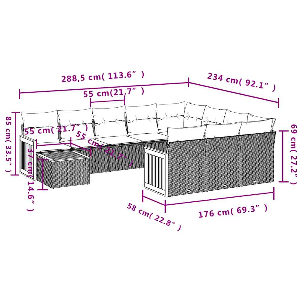 vidaXL 11-delige tuinbankset met kussens, zwart polyrotan