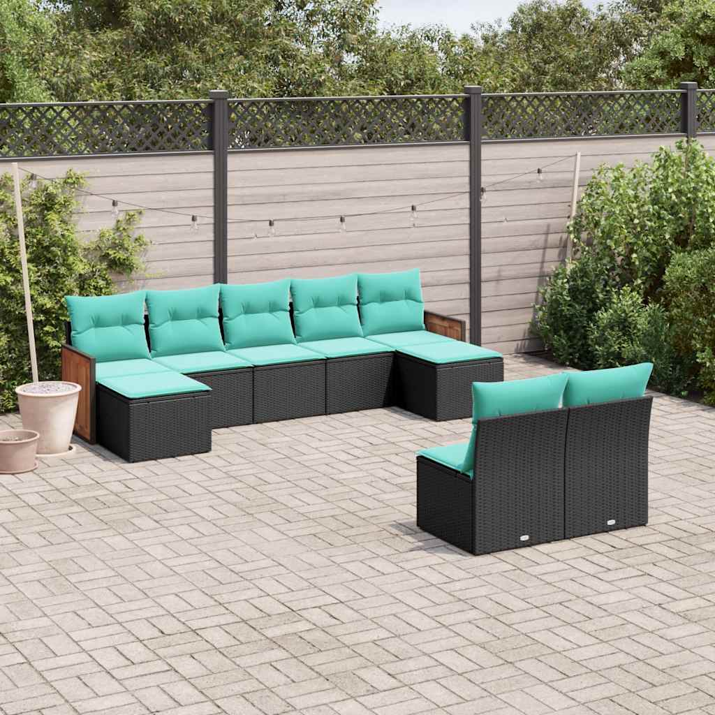 vidaXL 9-delige tuinbankset met kussens van zwart polyrotan