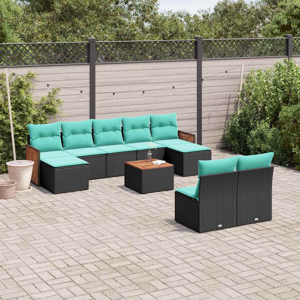 vidaXL 9-delige tuinbankset met kussens van zwart polyrotan