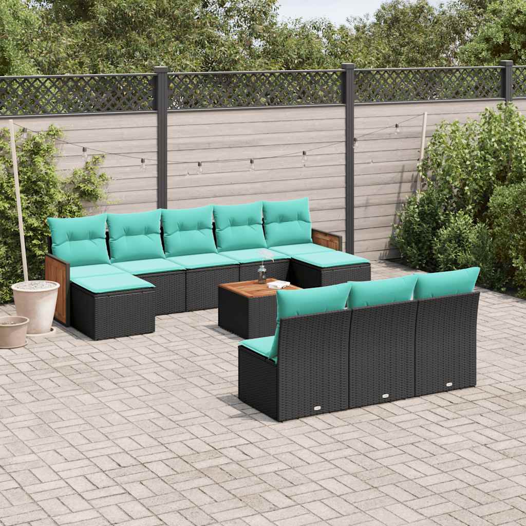 vidaXL 10-delige tuinbankset met kussens van zwart polyrotan
