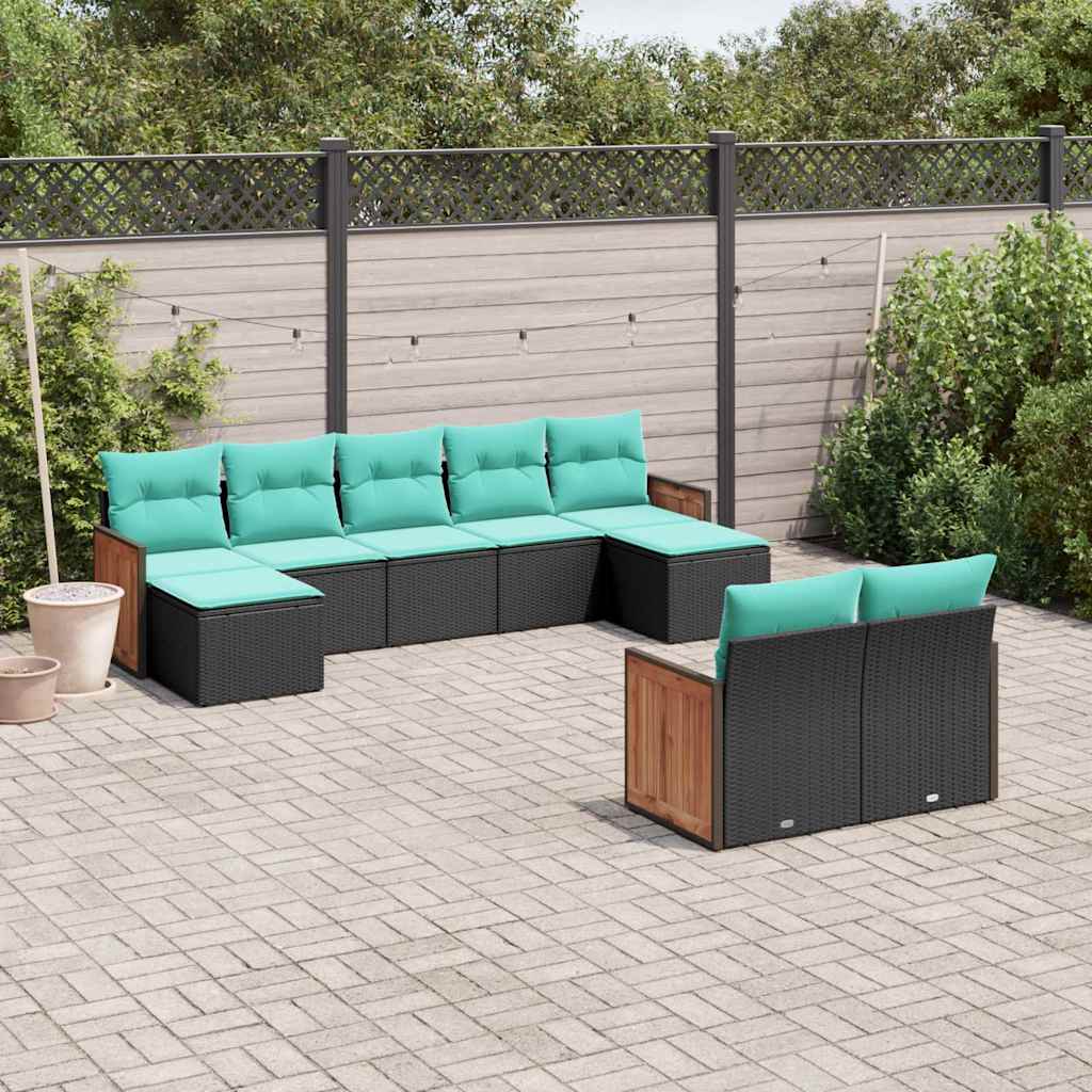 vidaXL 9-delige tuinbankset met kussens van zwart polyrotan