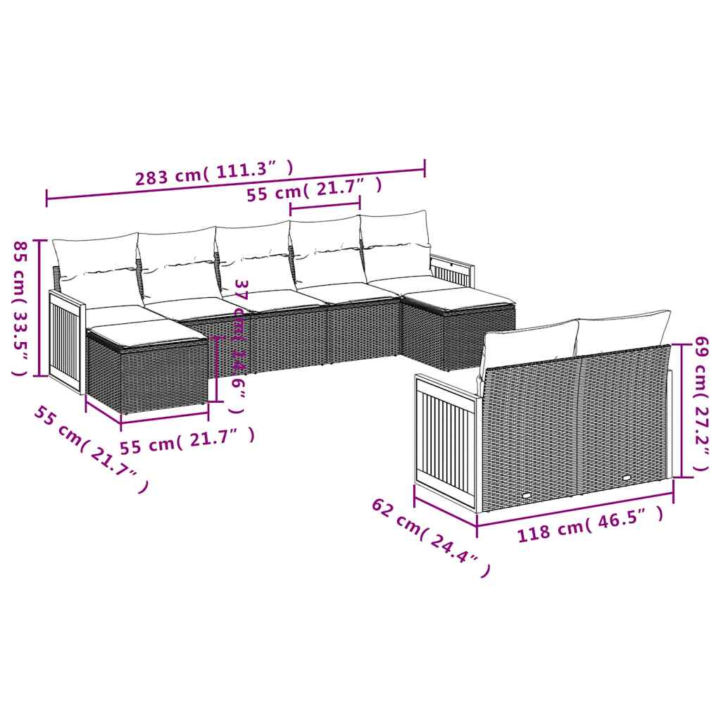 vidaXL 9-delige tuinbankset met kussens van zwart polyrotan