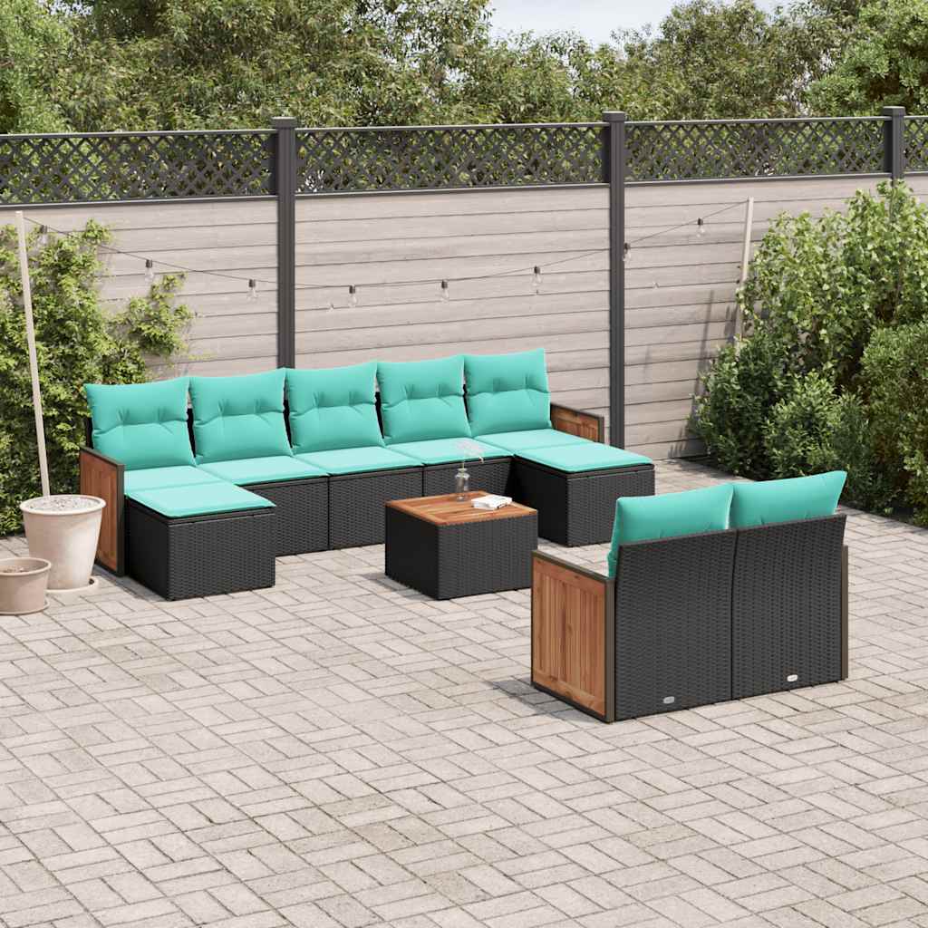 vidaXL 9-delige tuinbankset met kussens van zwart polyrotan
